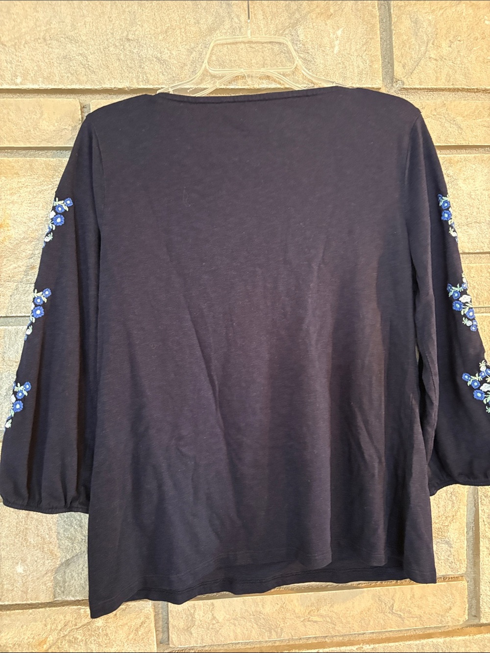 Talbots Navy Scoop Neck Long Sleeve Top with Blue & White Floral Embroidery - Picture 4 of 7